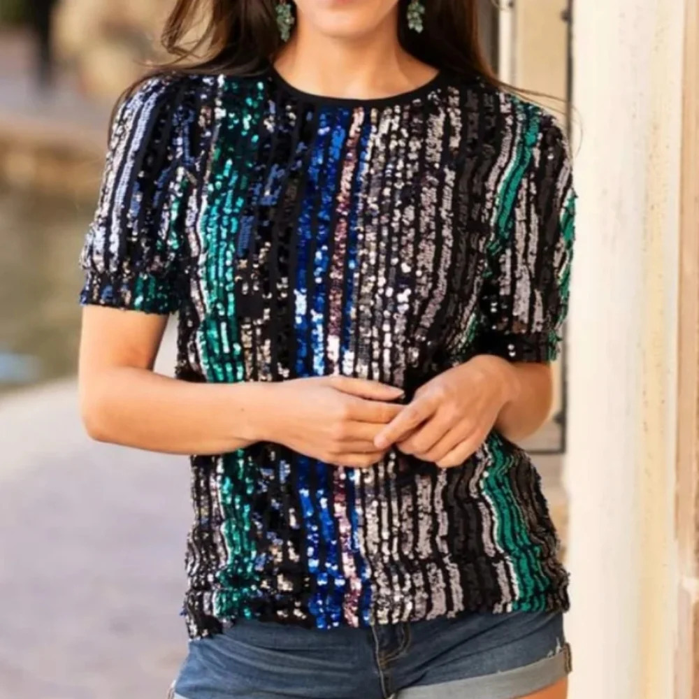 NWT Sunshine & Rodeos Let it Shine Sequin Top Size M. Striped Party Festive Rave